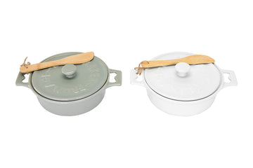 2-Piece Farmhouse Round Lidded Stoneware Brie Bakers with Wood Spreaders, White and Mint Green, Grey and White