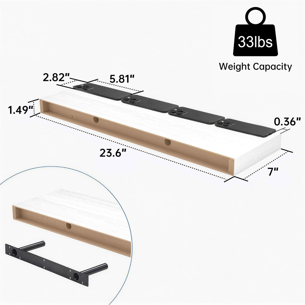 White Floating Wall Shelves, 24 Inch Shelf Set of 2