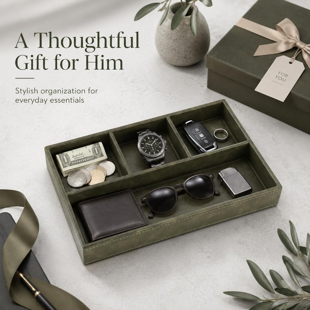 Valet Tray for Men, Leather Tray EDC Desk Organizer, Olive Green