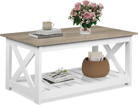 Farmhouse Coffee Table, 40.1" Rustic Center Table with X-Frame Support & Storage Shelf