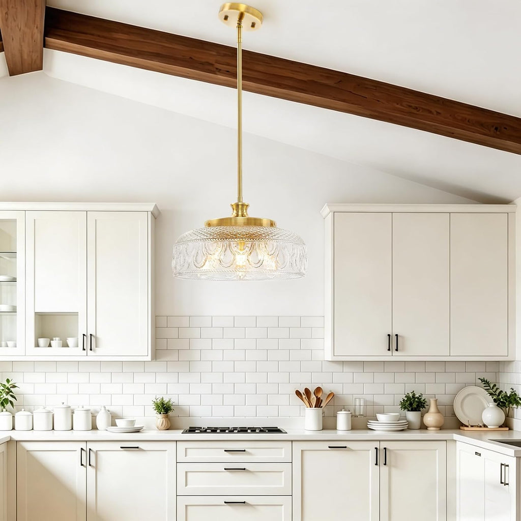 3-Light Adjustable Pendant Lights Kitchen Island, 12in Brushed Gold Modern Clear Glass Ceiling Mount Hanging Lighting