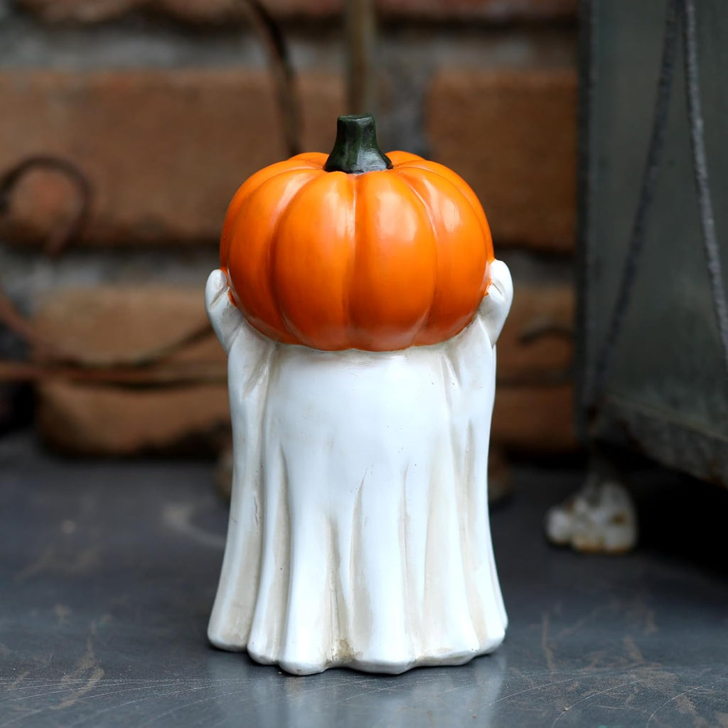 Halloween Ghost Decoration with Light-Up Jack-o'-Lantern Head,Cute Little White Ghost Holding Mini Pumpkin