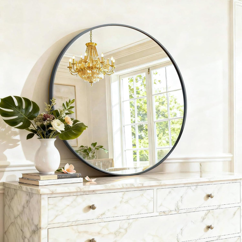 36 Inch Round Bathroom Mirror, Black Vanity Mirror with Metal Frame, Modern Circle, Wall Mounted Decorative Mirrors