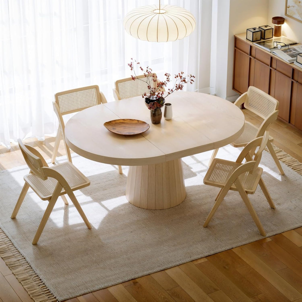 Extendable Dining Table Round-to-Oval 39"-55" with Pedestal Base - Seats 4-6, Wash White Finish, Smooth Rounded Corners