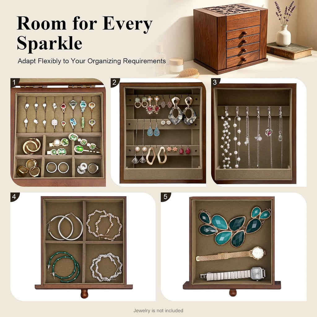 Walnut Wooden Jewelry Box 5 Layer Vintage Wood Jewelry Organizer