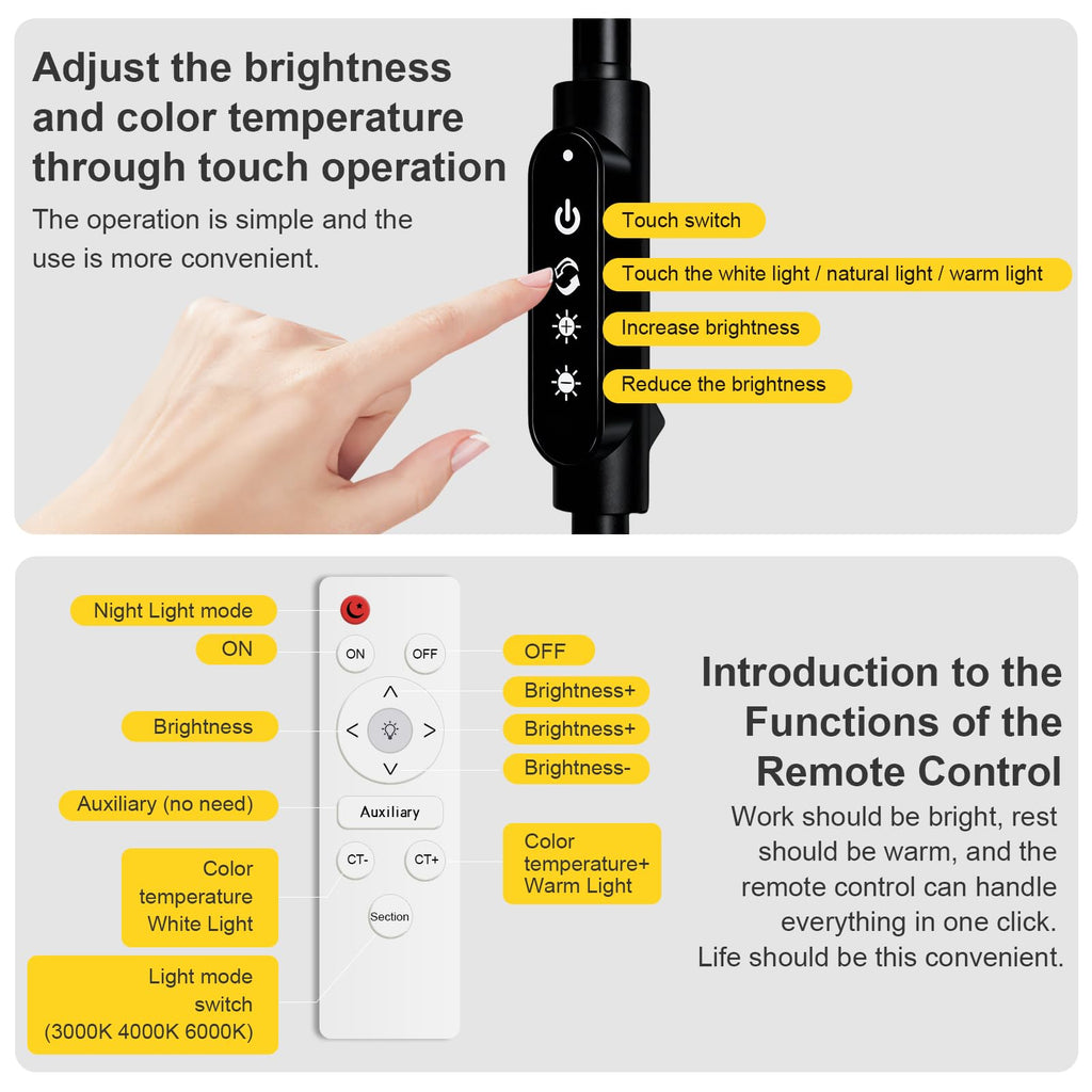 Super Bright 24W LED Reading Floor Lamp, Remote and Touch Dimmable