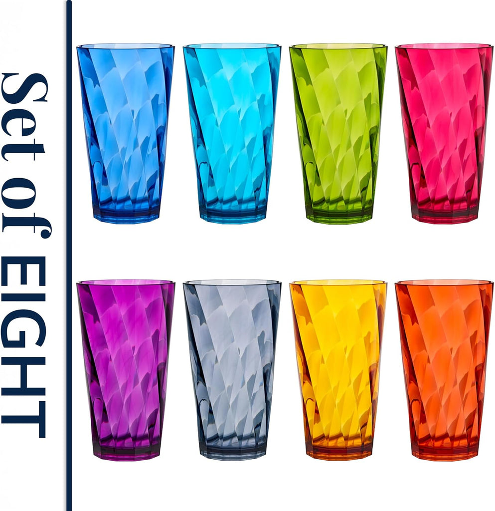 Optix Plastic Reusable Drinking Glasses (Set of 8) 20oz Water Cups in Jewel Tone Colors | BPA-Free Tumblers, Made in