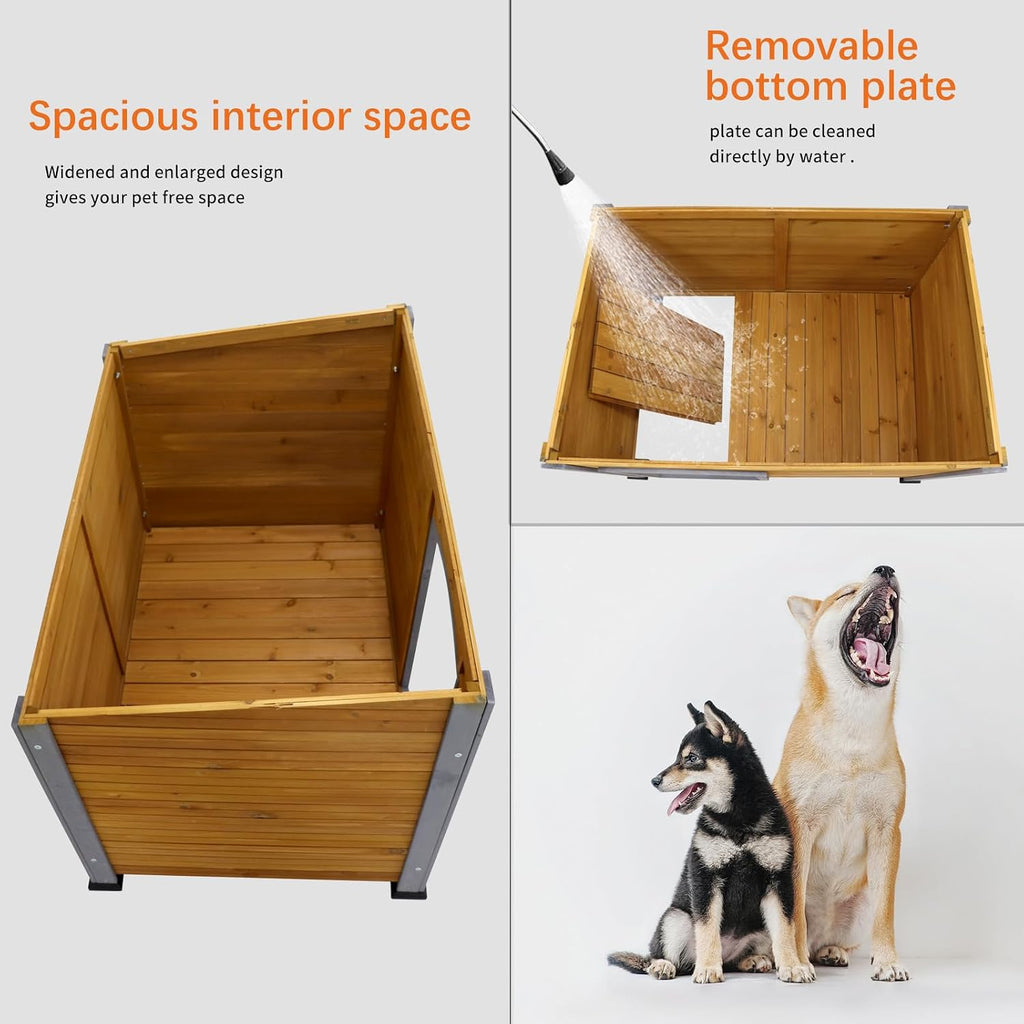 Wooden Dog House for Large Dogs, Weatherproof Outdoor & Indoor Dog Kennel with Raised Waterproof Feet, Solid Wood Pet