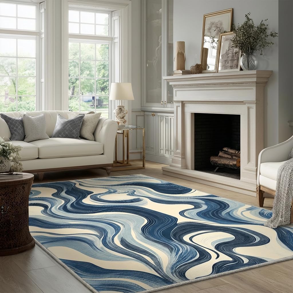 Blue and White Wave Area Rug 5x7 Modern Wavy Stripes Rugs