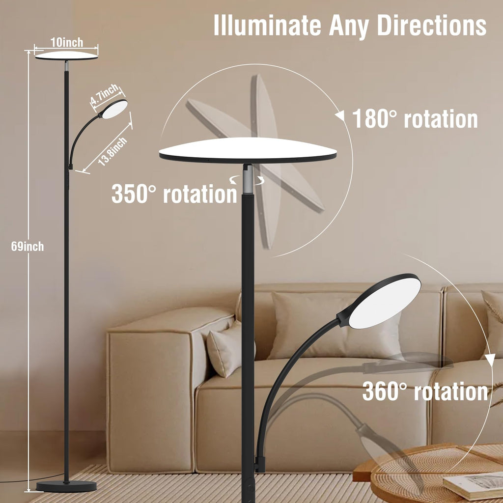 Floor Lamp, Upgraded 42W 4500LM Super Bright LED Floor Lamp with Rotatable Reading Light, Touch Remote Control &