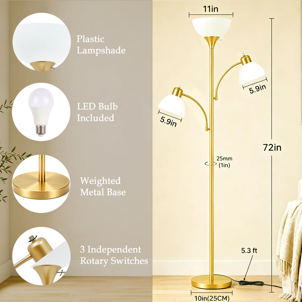 3-Head Torchiere Floor Lamps with 2 Reading Lamp -Gold