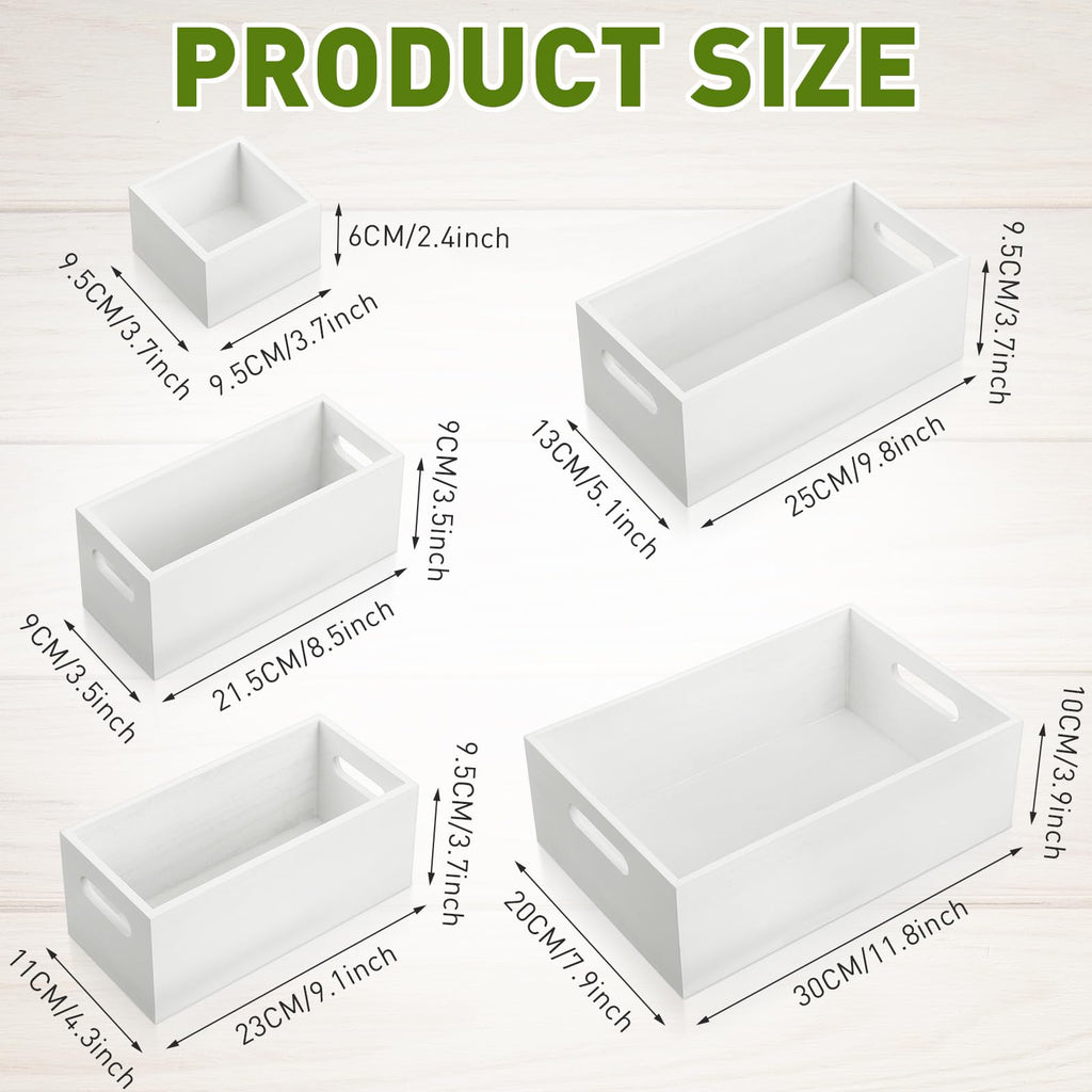 Set of 6 Wooden Storage Boxes with Handles Nesting Farmhouse, White