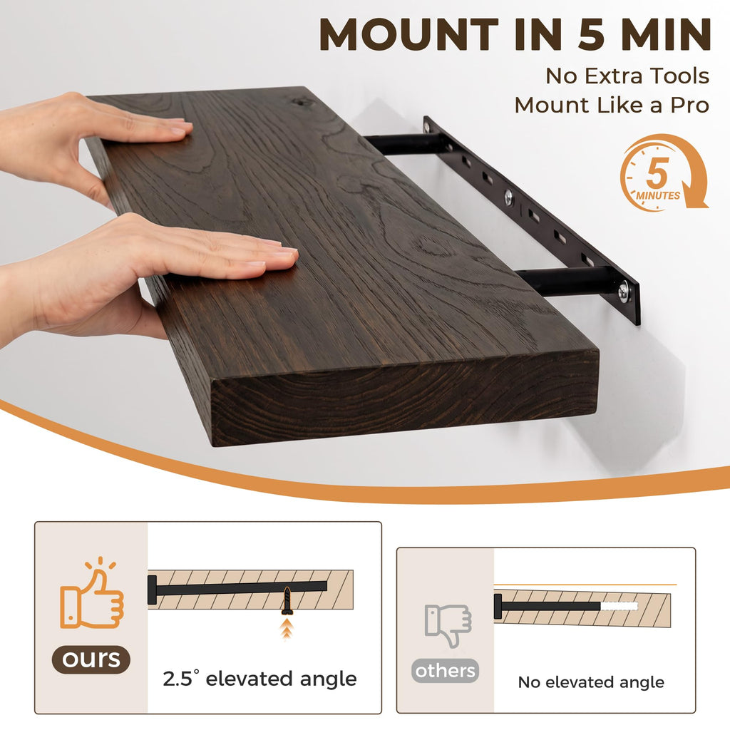 Elm Floating Shelves for Wall - 20 in Rustic Solid Wood Shelves with Heavy-Duty Invisible Bracket, Wall-Mounted