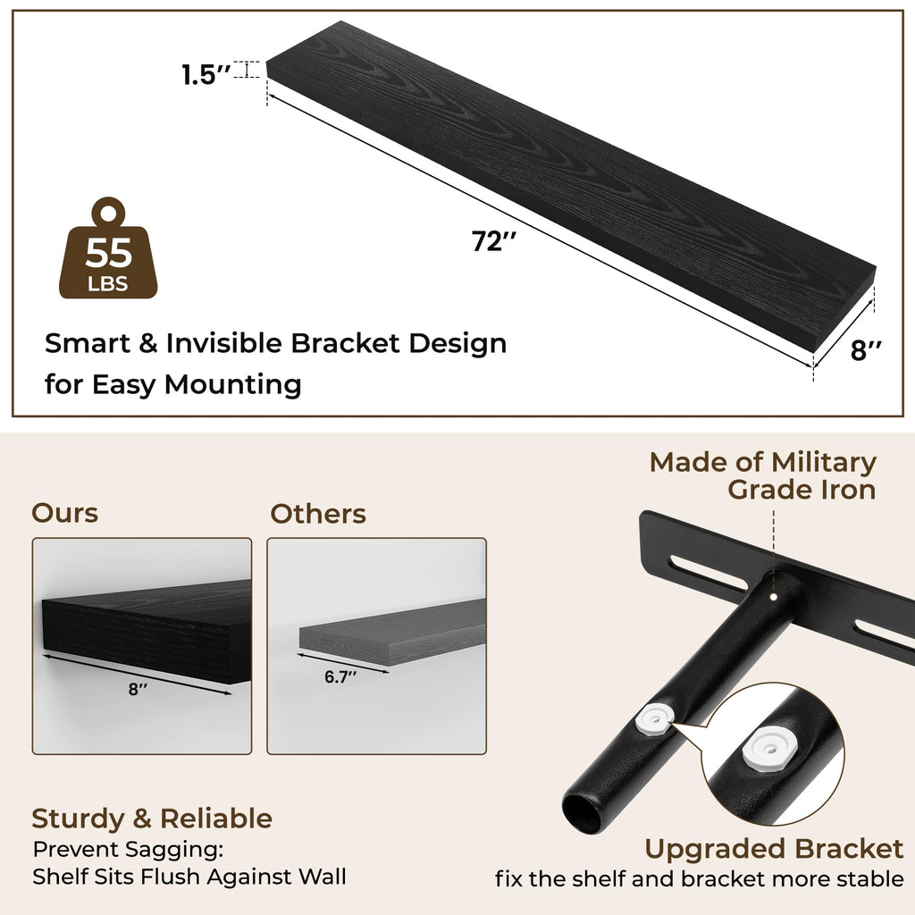 72Inch Floating Shelves for Wall 2Pack, Black, 8" Deep