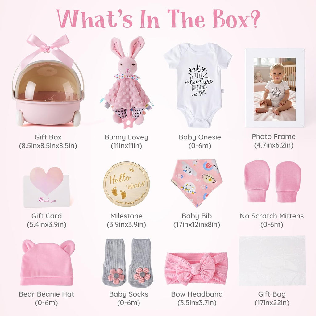 Baby Girl Gift Set - 12 Pcs Newborn Essentials with Bunny Lovey, 100% Cotton Onesie, Milestone Sign & Photo Frame