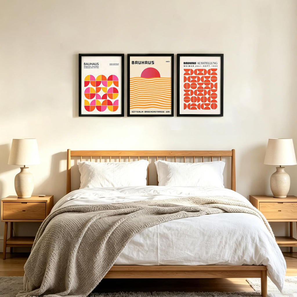 3Pcs Black Framed Bauhaus Wall Art, Sunset Wall Decor, 12x16 Inch