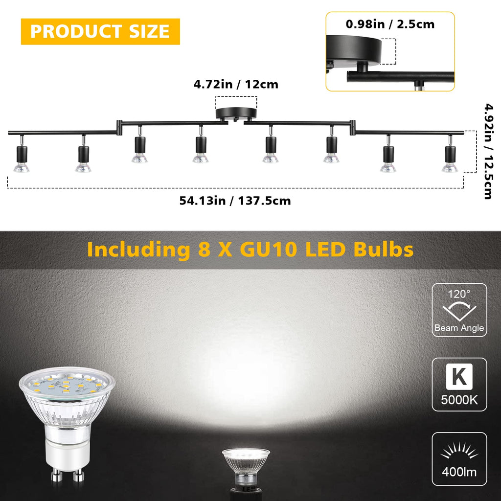 LED 8 Light Track Lighting Kit, 54.13'' Black 8 Way Ceiling Spot Lighting, Flexibly Rotatable Head, Track Light