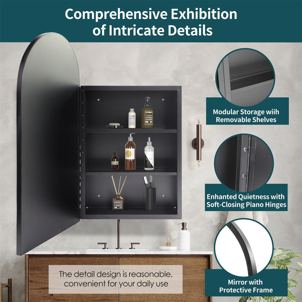 Arched Black Medicine Cabinet with Mirror 16 x30 Inch | Metal Framed Bathroom Mirror Medicine Cabinet Wall