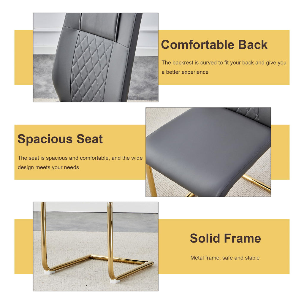 Marble Dining Table Set for 6, 63 in Black Rectangular Table with Gold X-Shaped Frame and 6 Grey Leather Dining
