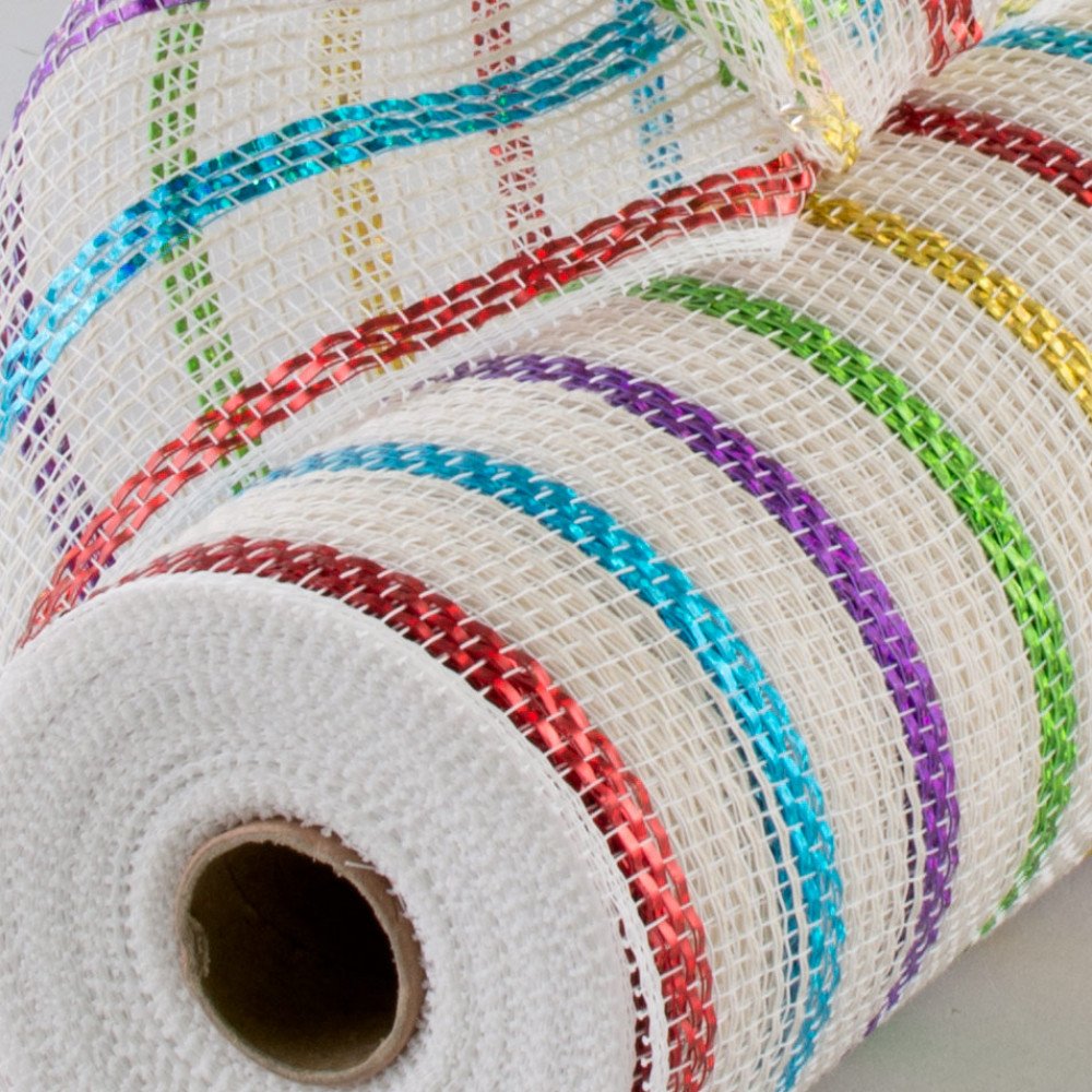 Cotton Poly Deco Mesh, Stripes White, Red, Green, Purple, Blue, Gold - 10 Inches x 10 Yards)