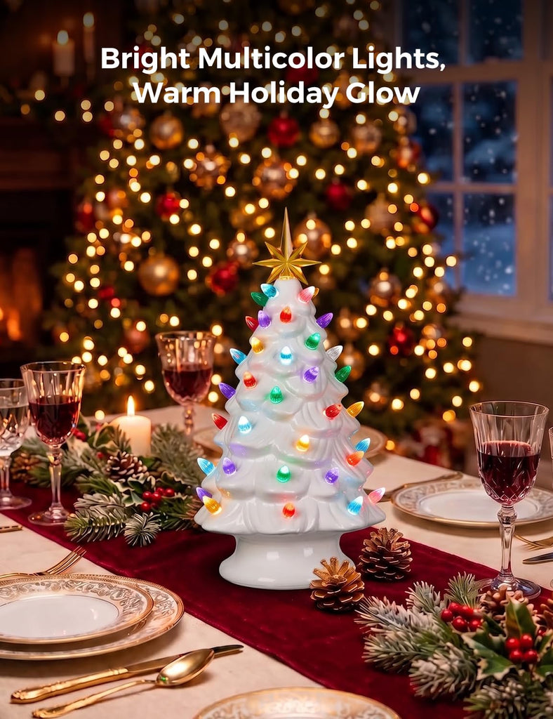 13in White Pre-lit Ceramic Christmas Tree, Battery Powered