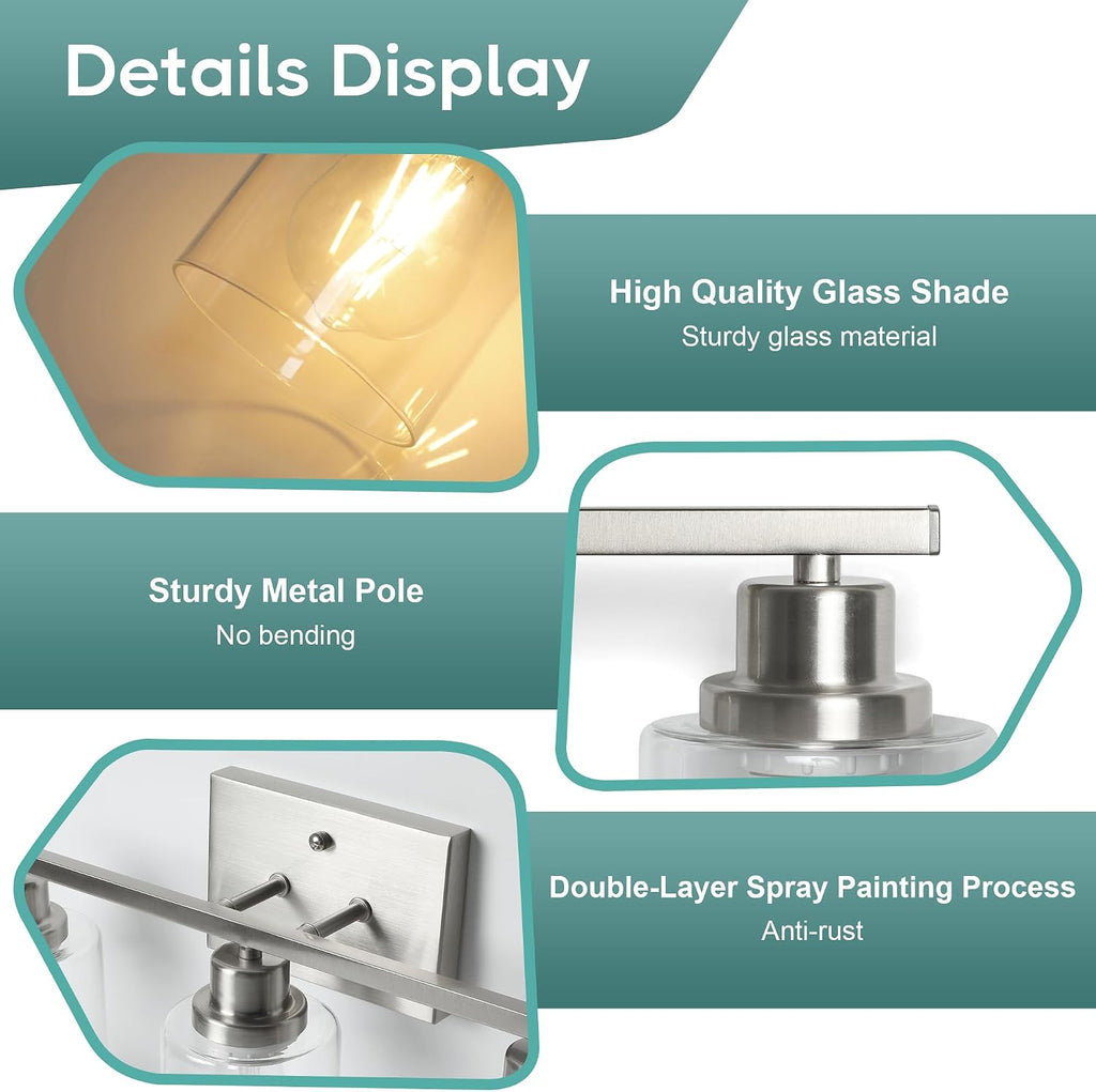 Bathroom Light Fixtures, 3-Light Vanity Light Over Mirror, Brushed Nickel Wall Sconces with Clear Glass Shades, Wall