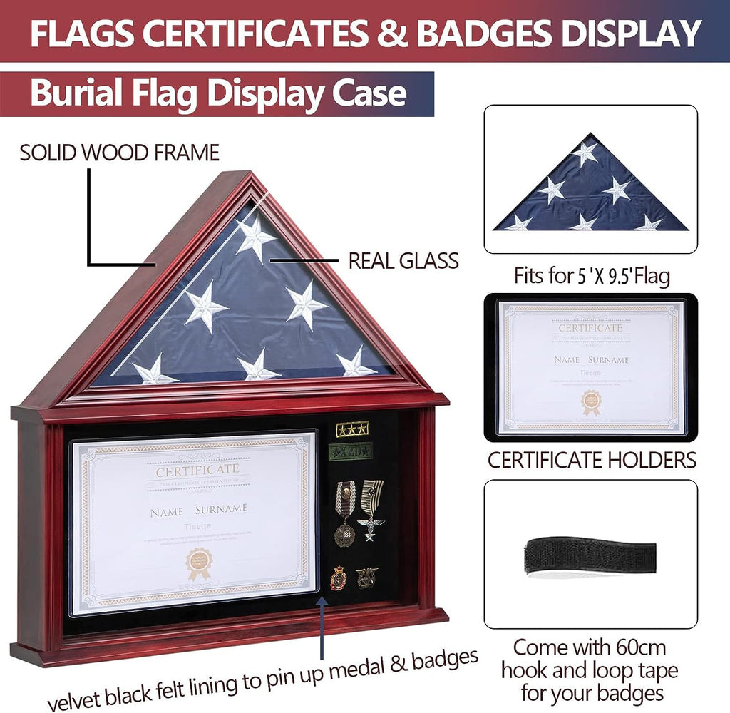 Large Military Shadow Box with Flag Display Case, Mahogany