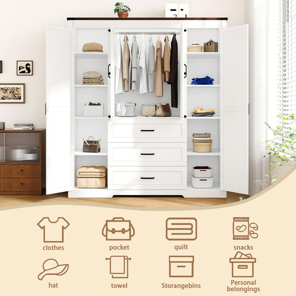 70" Tall Armoire Wardrobe Closet with 4 Doors & 3 Drawers, Farmhouse Bedroom Storage Cabinet with Hanging Rod
