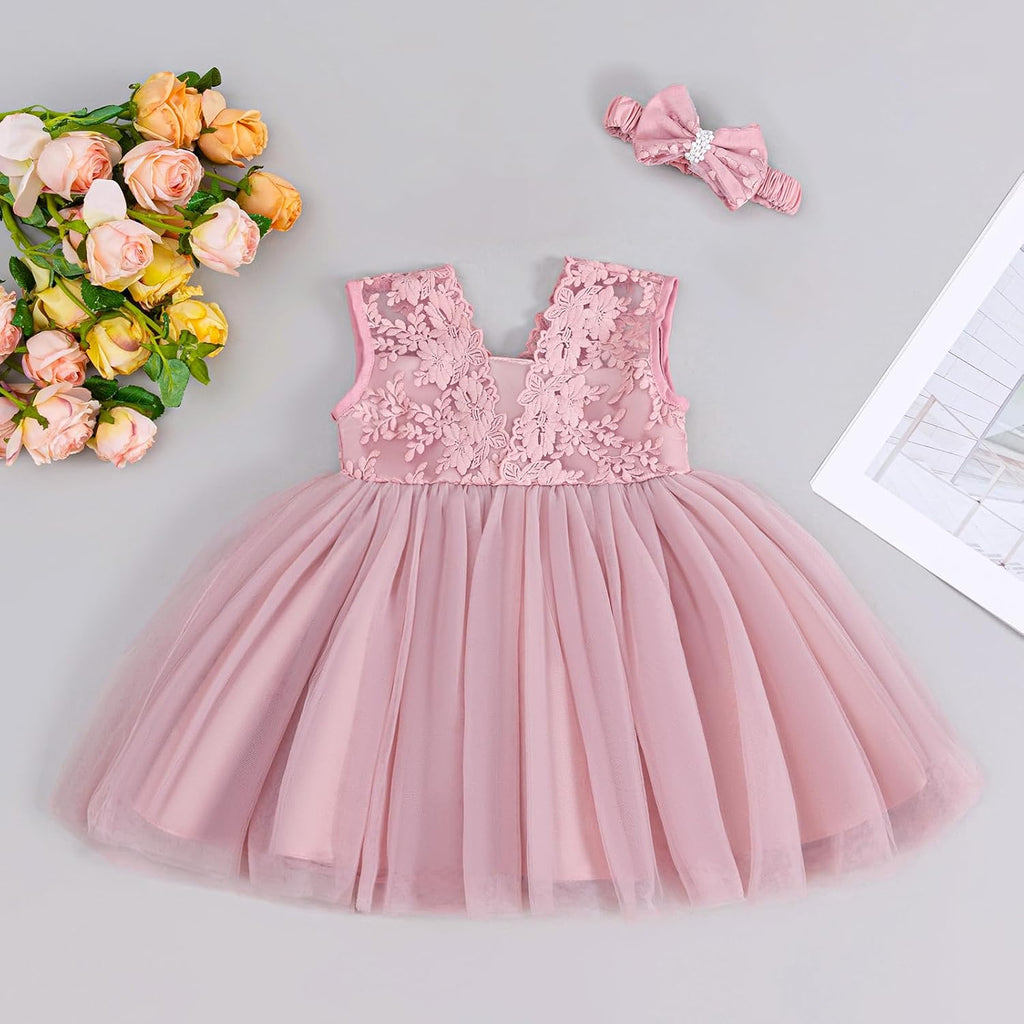 Lace Flower Baby Girl Dress with Big Bowknot Toddler Tulle Tutu for Formal Birthday Party