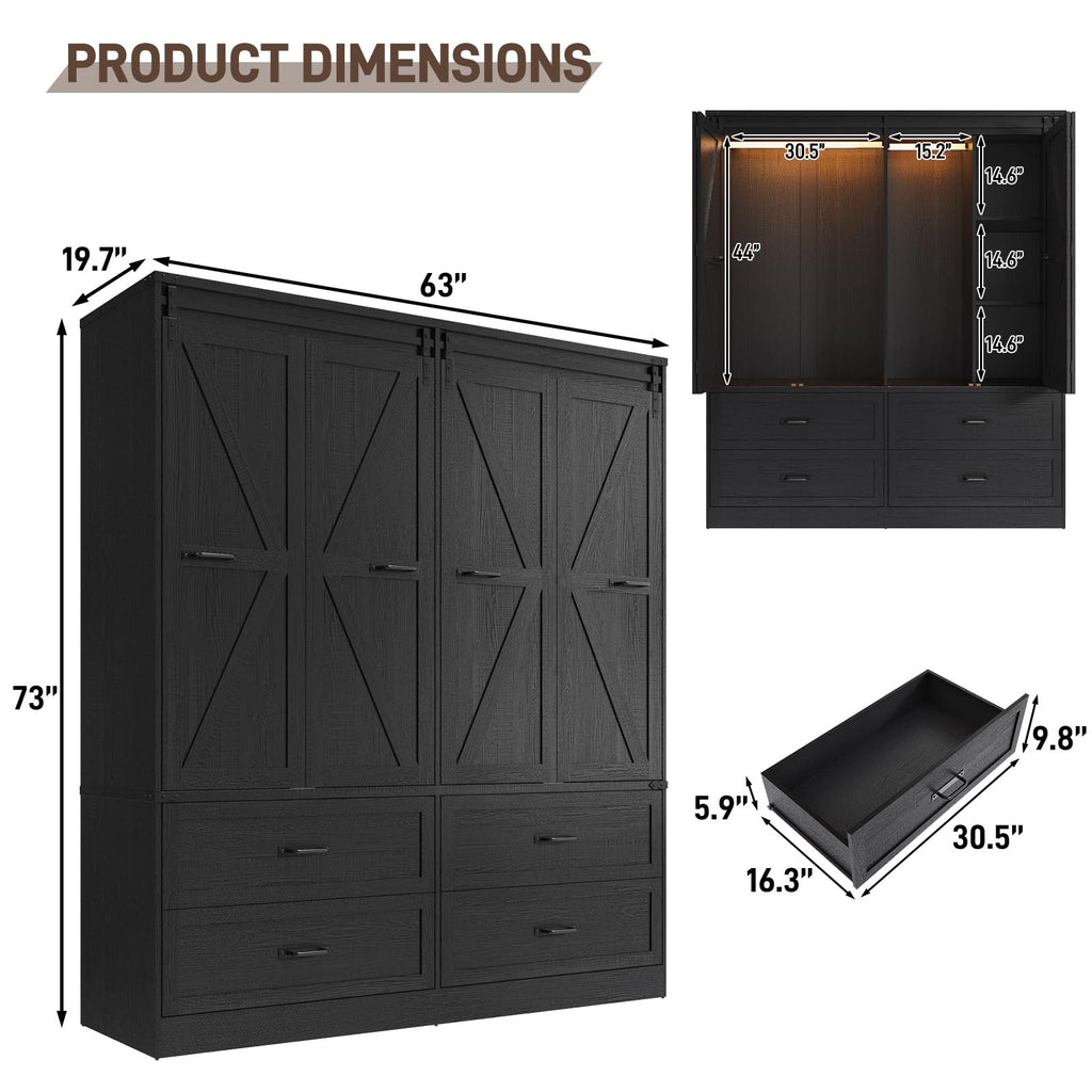 Farmhouse 4 Doors Armoire Wardrobe Closet w/Folding Sliding Barn Door and Lights, LED Armoire Closet w/Drawers
