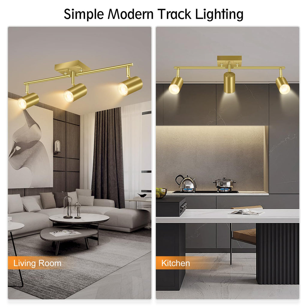 3 Light Track Lighting Fixtures Ceiling, Gold Kitchen Lighting Fixtures Ceiling, LED Track Lighting Kit, Rotatable