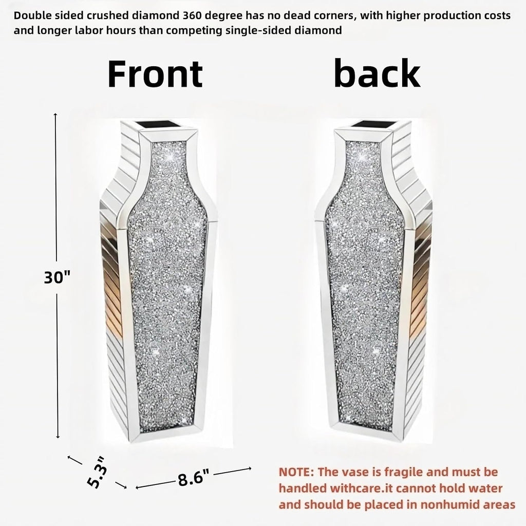 30" Large Double Sided Crushed Diamond Vases,Tall Silver Mirrored Vase for Floor,Big Crystal MirrorDecorative Vase