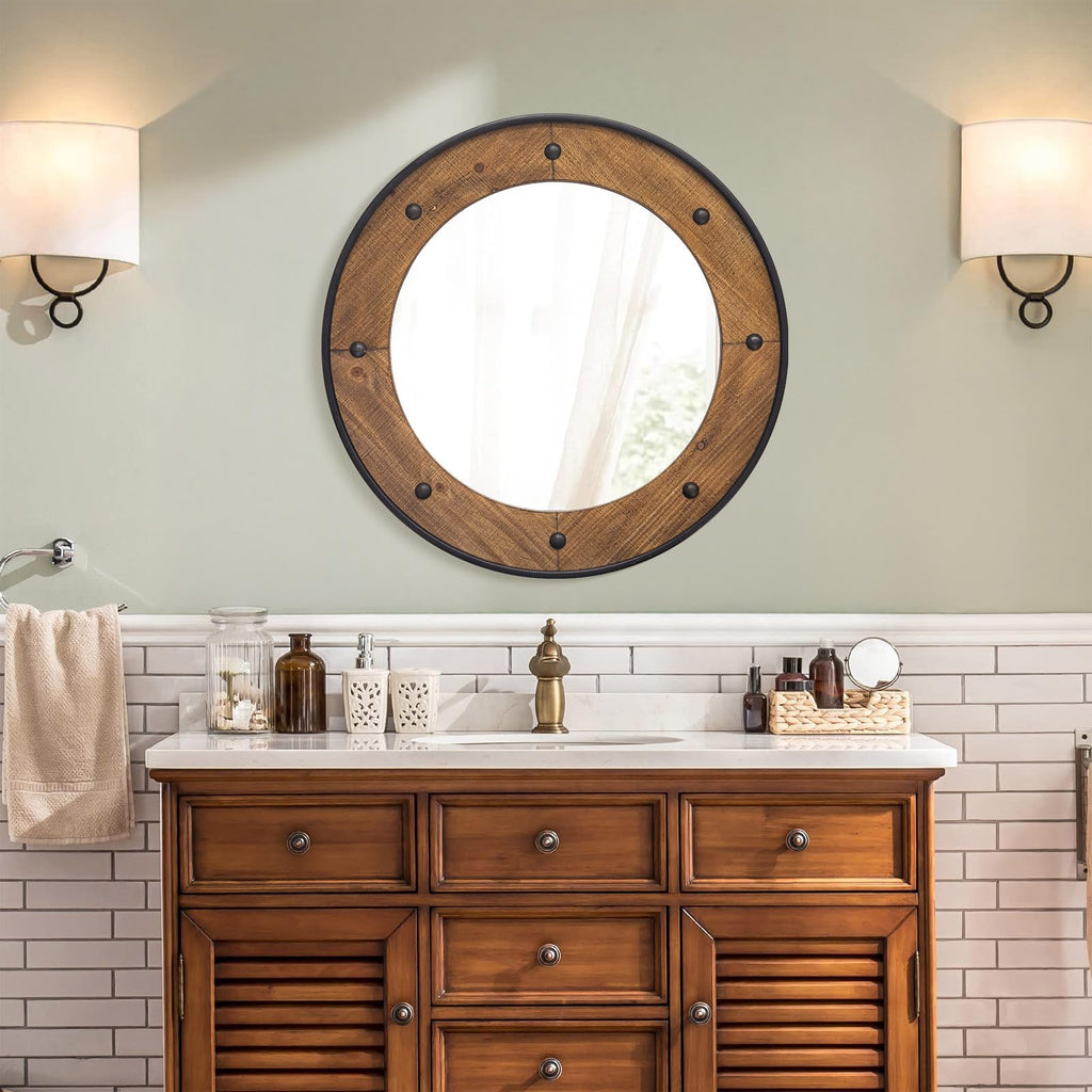 Rustic Round Wall Mirror 24 Inch, Natural Wood Frame with Black Metal Trim, Industrial Farmhouse Style Wall Mirror