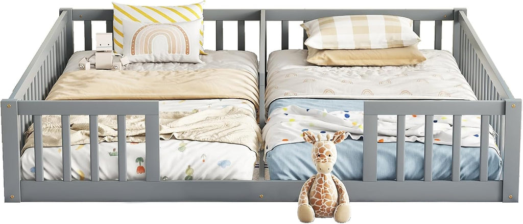 Double Floor Bed for Twins, Two Shared Beds, Floor Bed for 2 Kids, Double Bed with Guardrails for