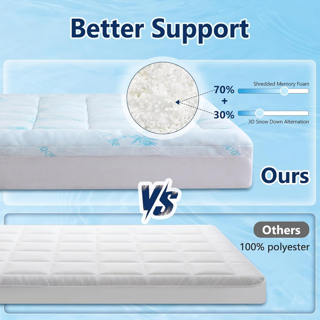100% Waterproof Queen Mattress Topper, Viscose Derived from Bamboo | Cooling Pillow Top Memory Foam Mattress Topper
