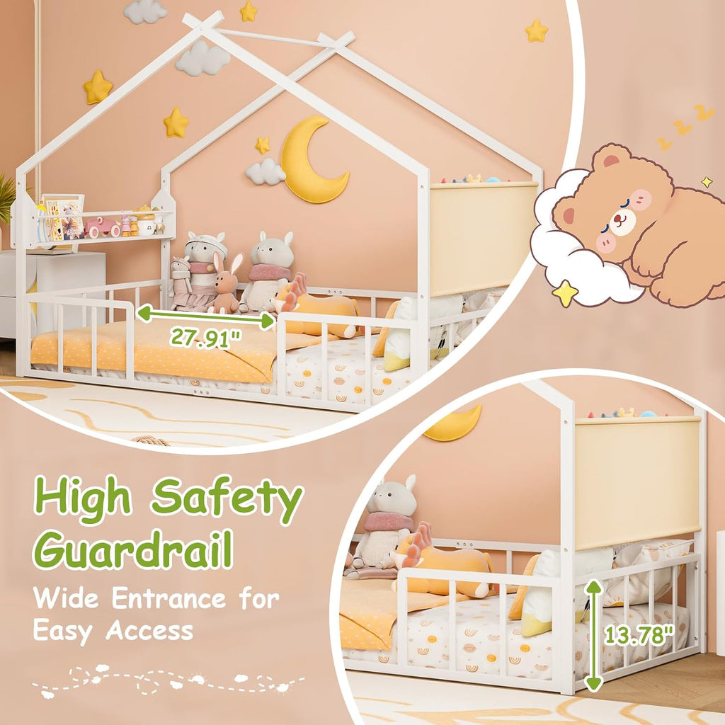Montessori House Bed with Storage Rack & Stuffed Animal Storage