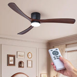 Modern 60 Inch Low Profile Flush Mount Ceiling Fan with LED Lights and Remote Control - 3 Wood Blades, Reversible DC Motor, 6 Speeds - Walnut and Matte Black