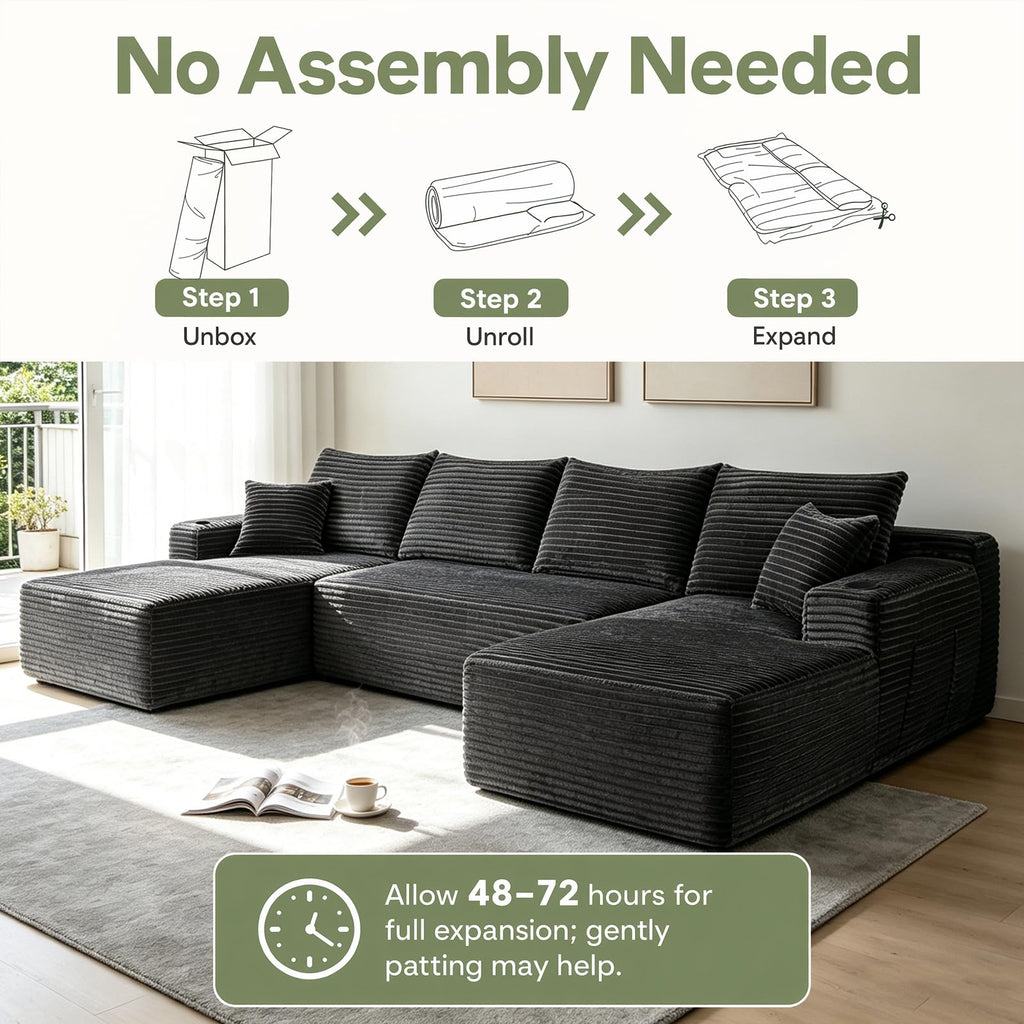 134" U Shaped Sectional Sofa with Double Chaise No Assembly Charcoal