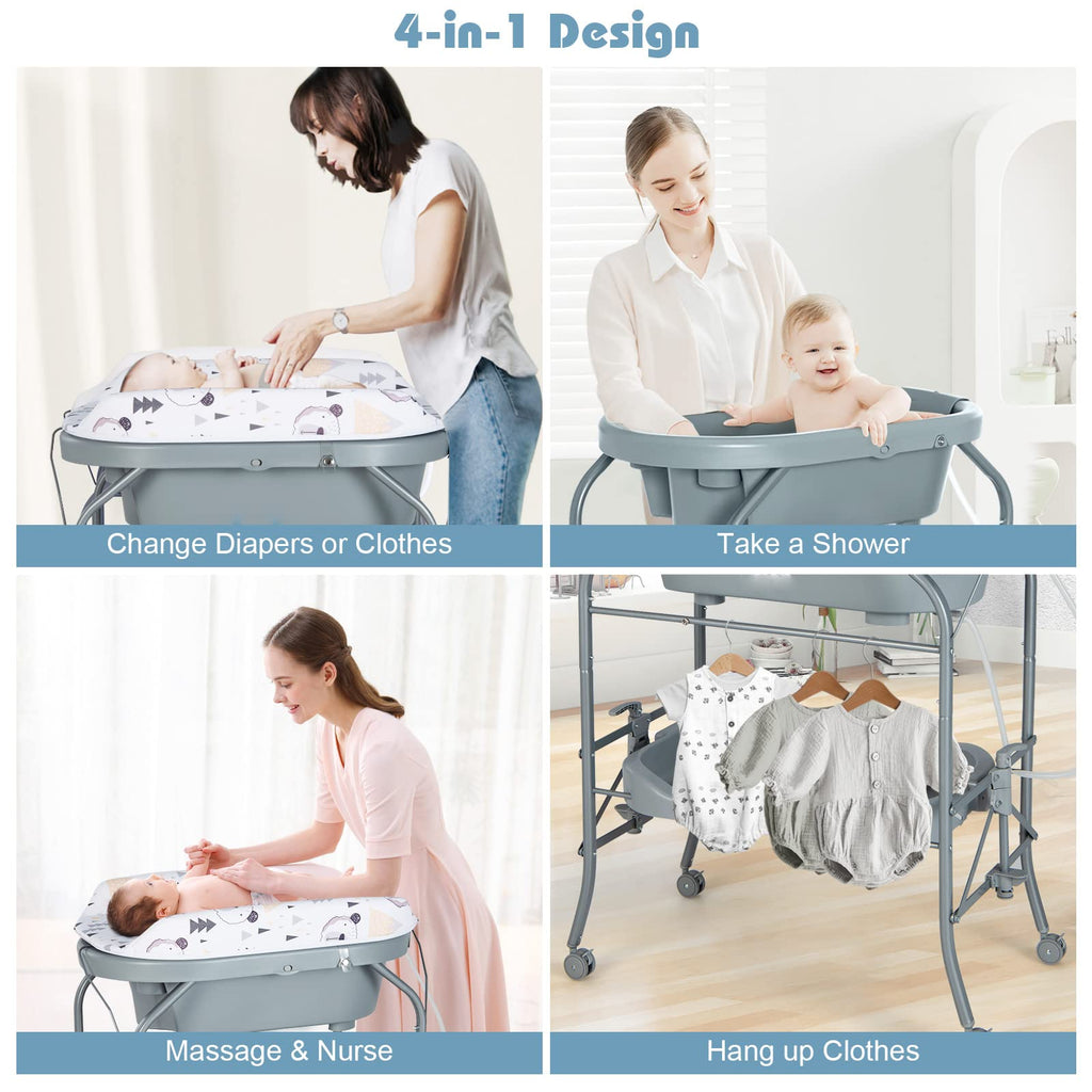 Bathtub with Stand, 2 in 1 Bath Tub & Changing Table, Foldable Infant Diaper Changing Station with Wheels, Storage