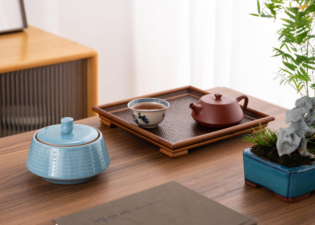 Small Kitchen Ceramic Canister Storage Jar with Lid Blue(ICE)