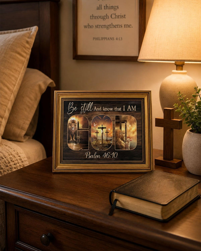 Gold Framed Wall Art, Christian God Canvas Prints, Lion and Lamb Cross Picture Wall Decor, Religious Bible Verse