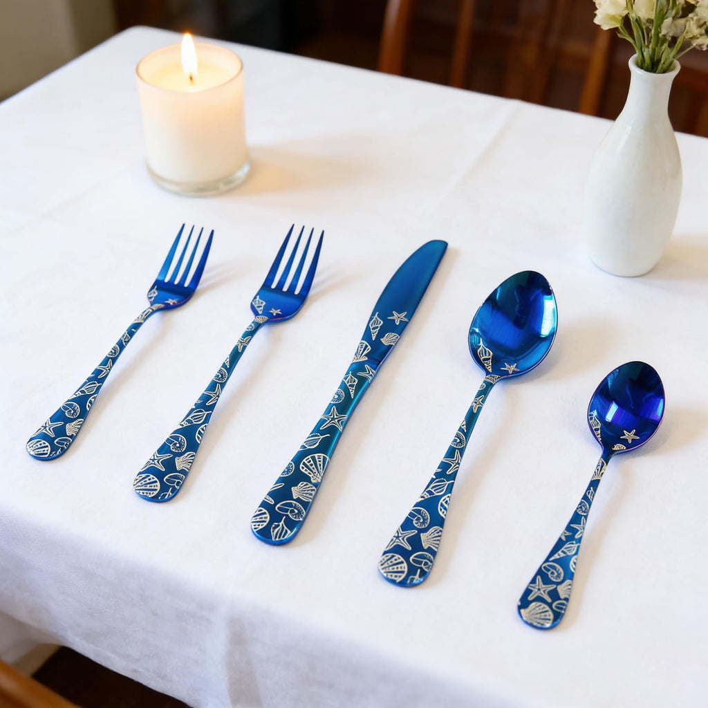 20 Piece Blue Stainless Steel Flatware Set with Seashell and Starfish Pattern, This complete set includes 4 dinner