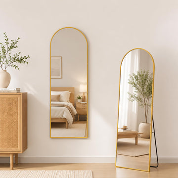 56" x15" Arched Full Length Mirror, Floor Mirror with Stand, Gold
