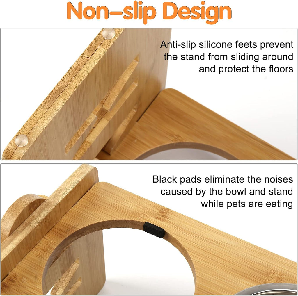 Elevated Dog Bowls, Adjustable Raised Tilted French Bulldog Food Water Bowl, Slanted Bamboo Pet Feeding Station