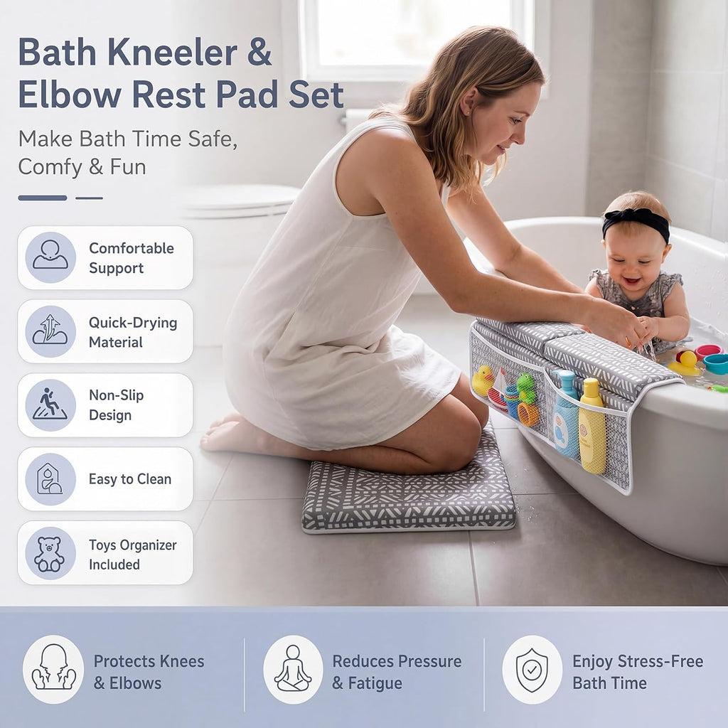 Baby Bath Kneeler and Elbow Rest Pad Set, Thick Comfortable Quick Dry Memory Foam Kneeling Pad, Foldable Non Slip