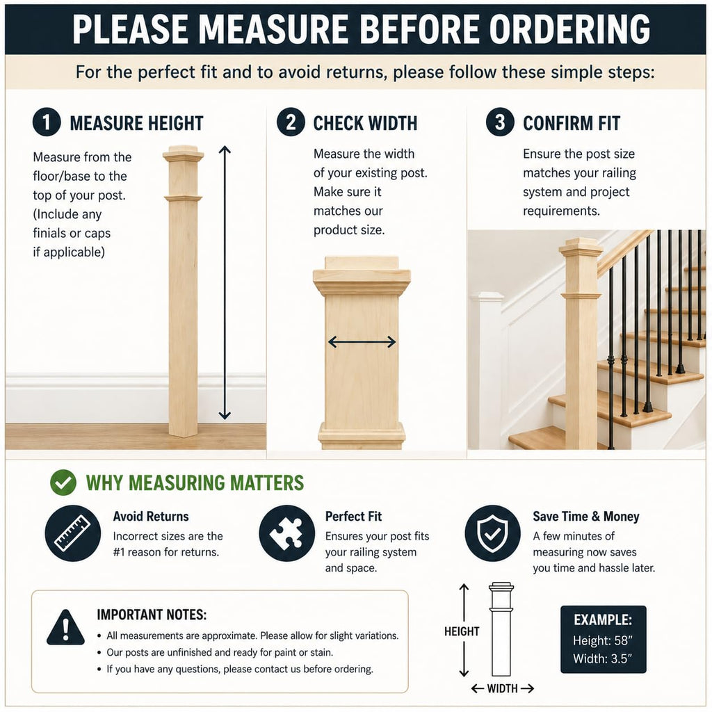 White Oak Box Newel Post 3.5" x 58", Hollow Box Newel Wood Balusters for Staircase Interior, Square Design, 3⁄4"