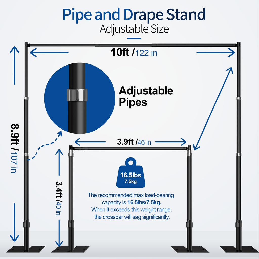 Heavy Duty Backdrop Stand, 8.9x10ft Pipe and Drape Stand, Black