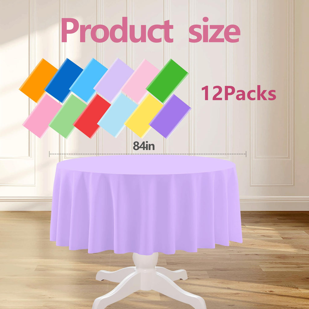 12 Pcs Assorted Color Round Plastic Tablecloths