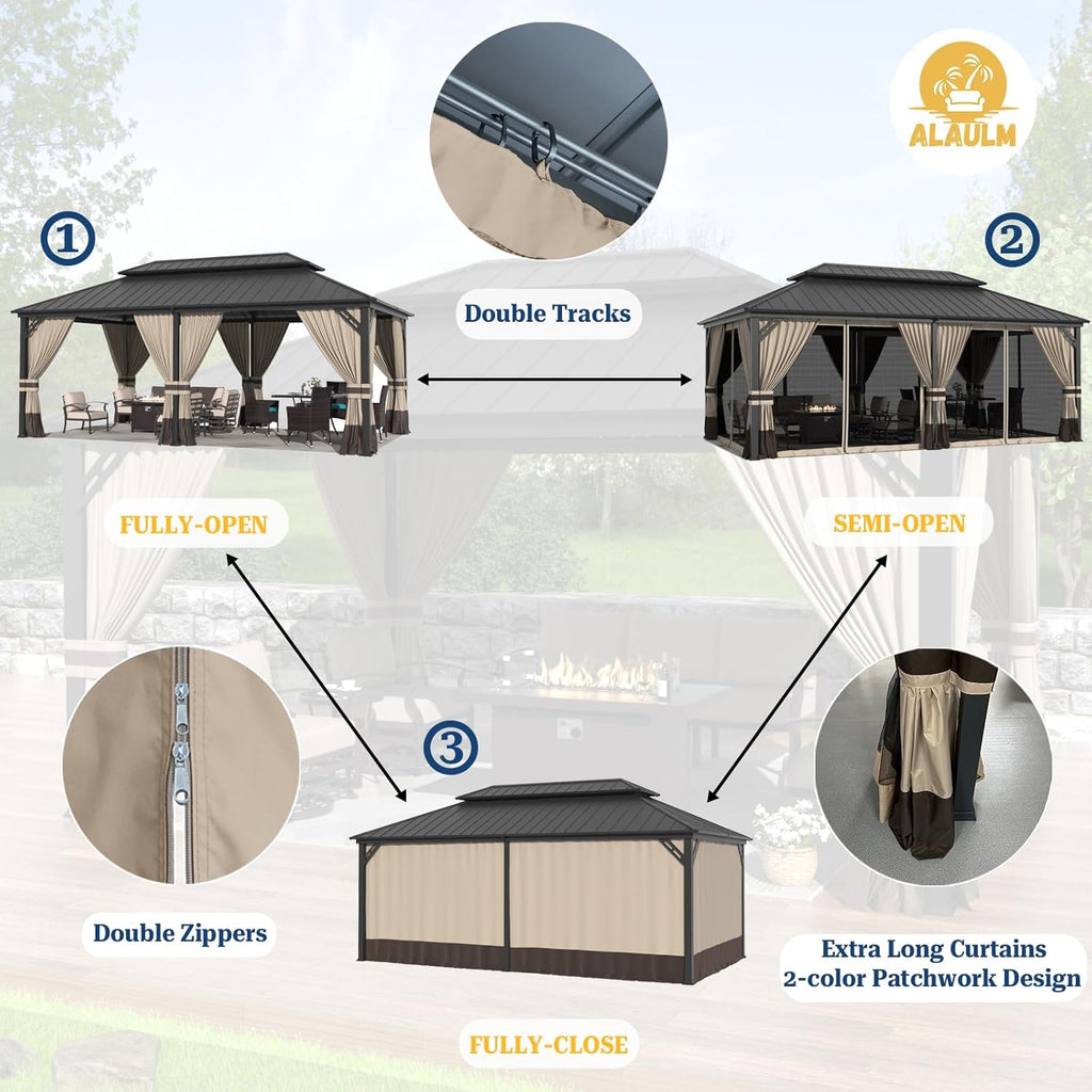 12'x20' Hardtop Gazebo, Outdoor Double Roof Canopy with Netting and Curtains, Galvanized Metal Frame