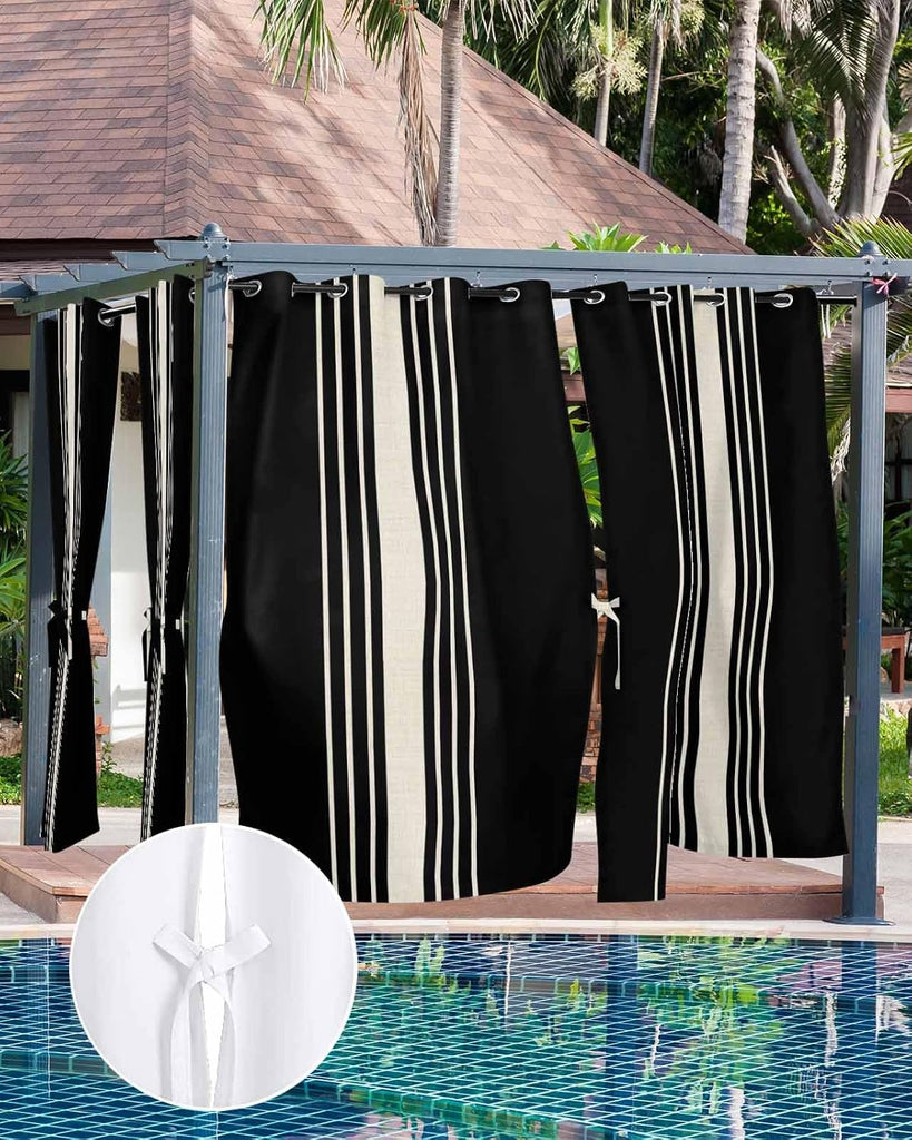 Outdoor Curtains , Black Beige Striped Waterproof Blackout Outside Curtain for Porch/Pergola/Gazebo, Modern Farmhouse